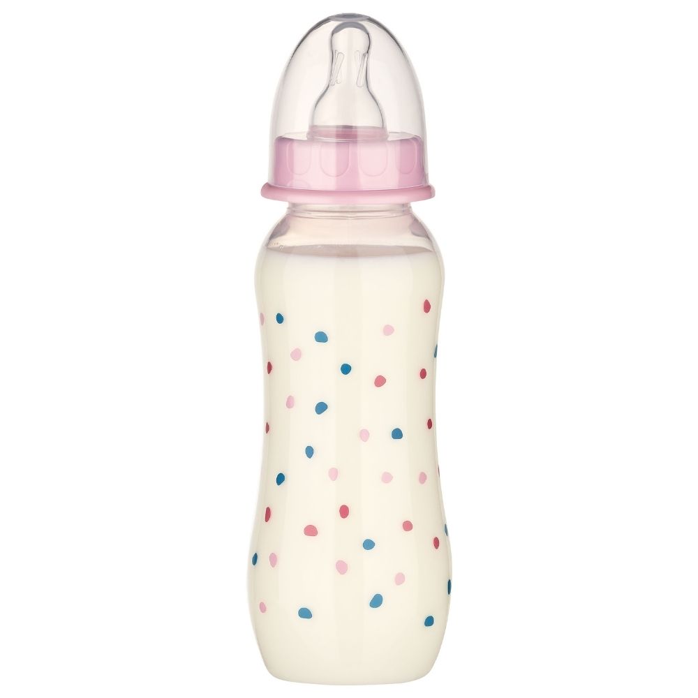 Taillierte Babyflasche mit Pünktchen Motiv in Rosa