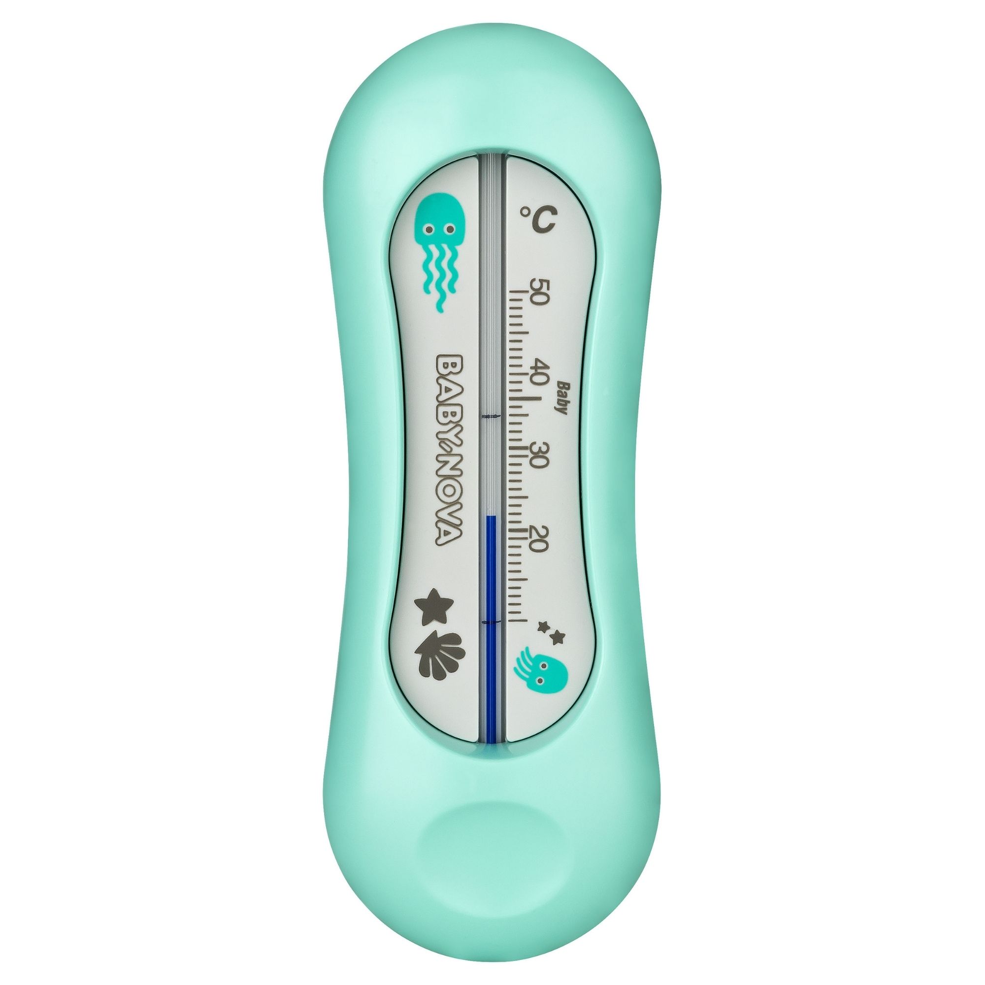 Baby Badethermometer in türkis mit grauer Anzeige